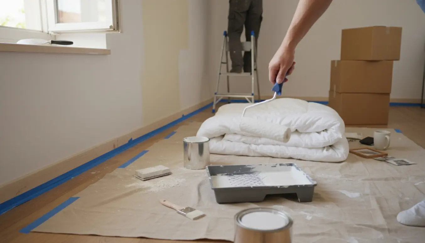 Lille værelse under maling med malerredskaber, spartlet væg og pakkede flyttekasser.