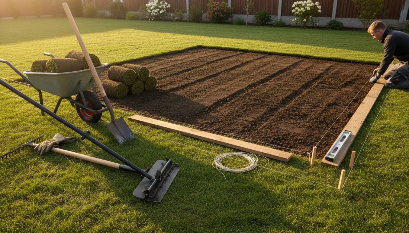 Udsnit af baghave hvor græstørv er skåret og rullet sammen ved siden af værktøj, klar til at etablere en terrasse.