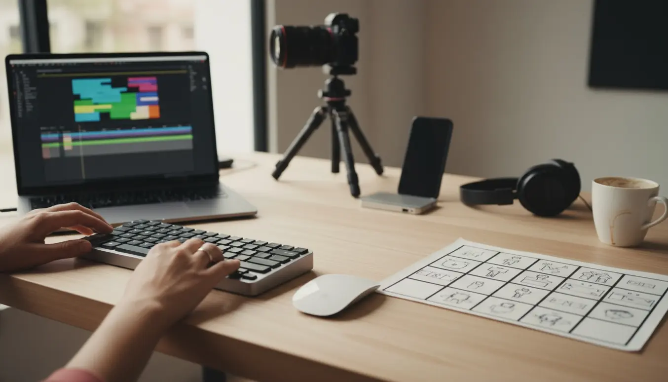 Hænder redigerer en kort reklamefilm ved en bærbar med kamera, storyboard og headset i et lyst kreativt studie.