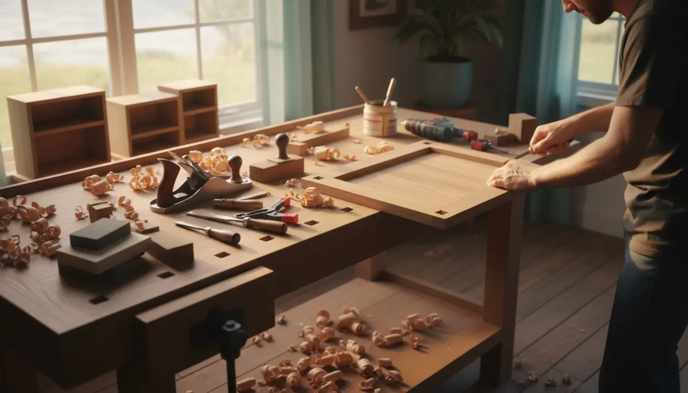 Værksted i et lyst sommerhus med hænder, værktøj, træstykker og træspåner under snedker- og tømrerarbejde.