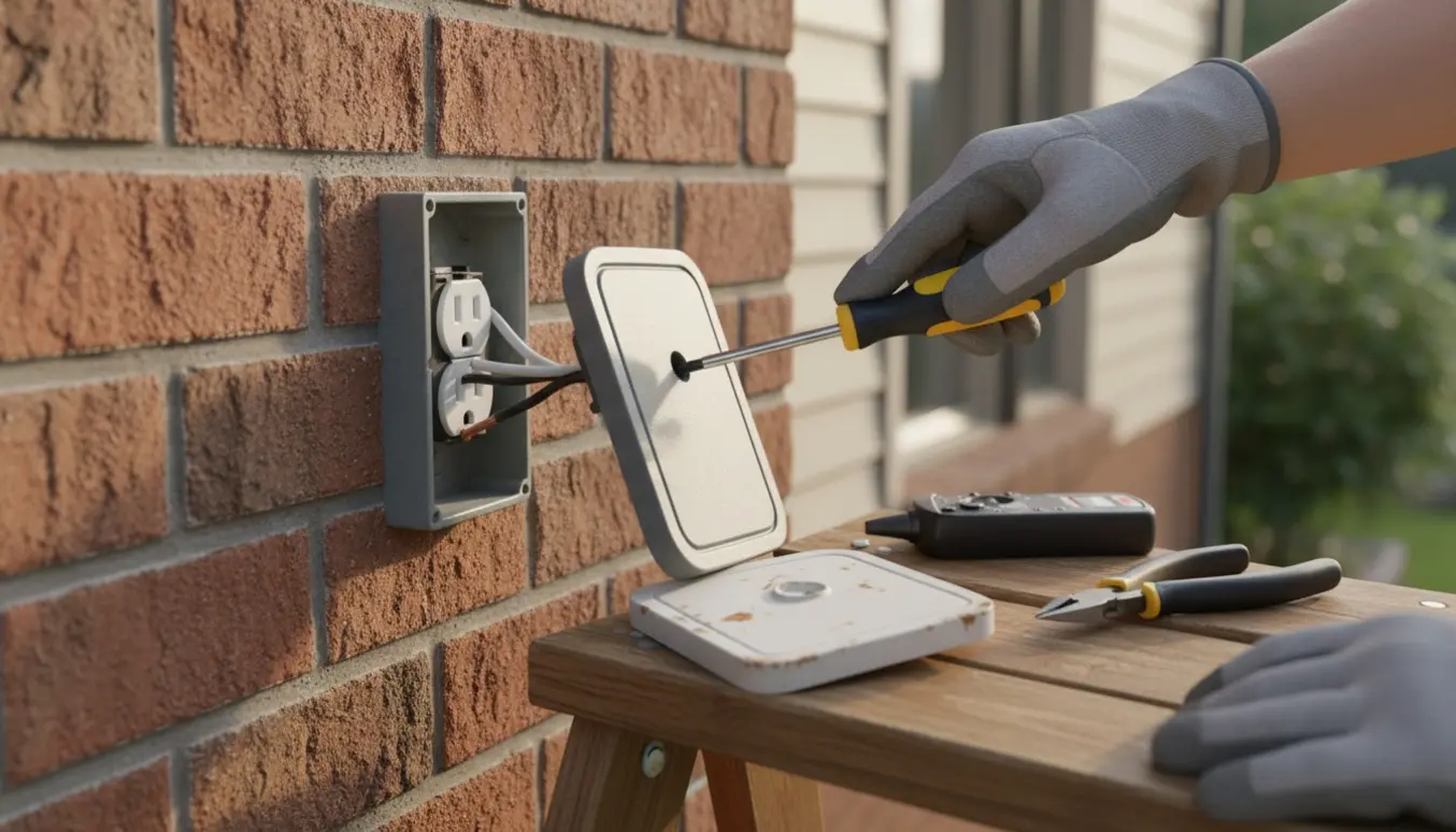 Nærbillede af hænder i isolerede handsker, der udskifter en udendørs stikkontakt på en murstensvæg.