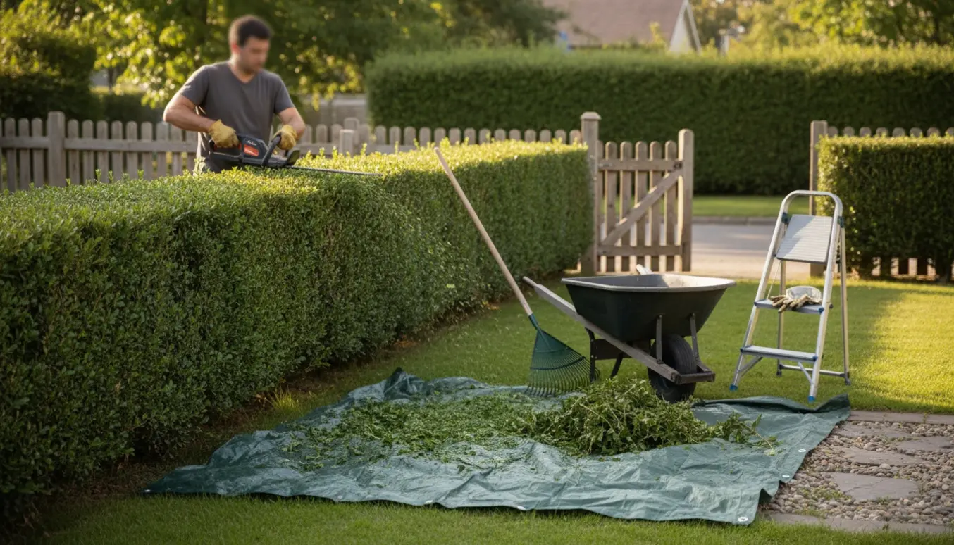 Friskklippet hæk i for- og baghave med hækkeklipper, afklip på presenning og værktøj i baggrunden.