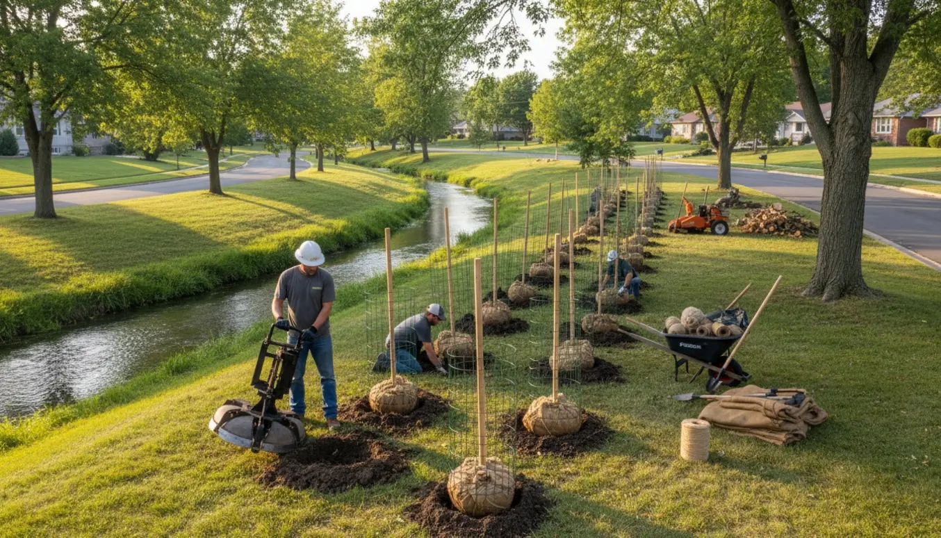 Plantning af nye træer langs en bæk med rydning af ældre vejtræer og værktøj i brug.