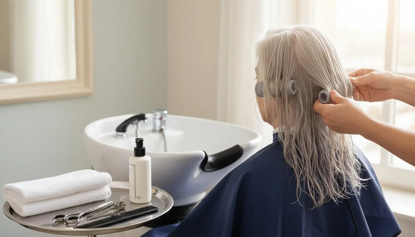 Frisør ruller permanent i gråt hår på en ældre kvinde set bagfra i en lys, rolig salon.