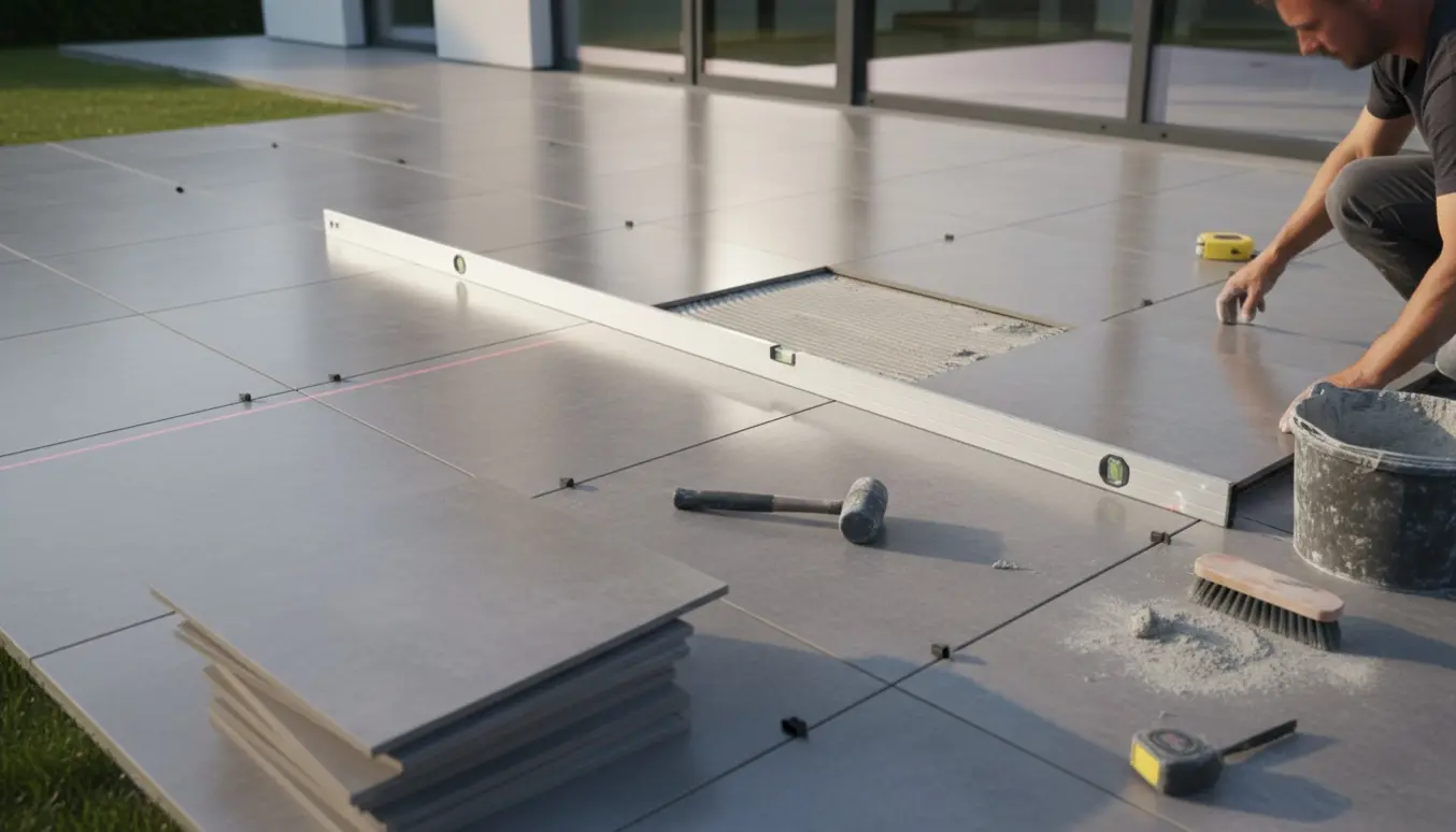 Nærbillede af genudlægning af 60×60 cm terrassefliser med vaterpas, afstandsklodser og værktøj, uden synlige ansigter.