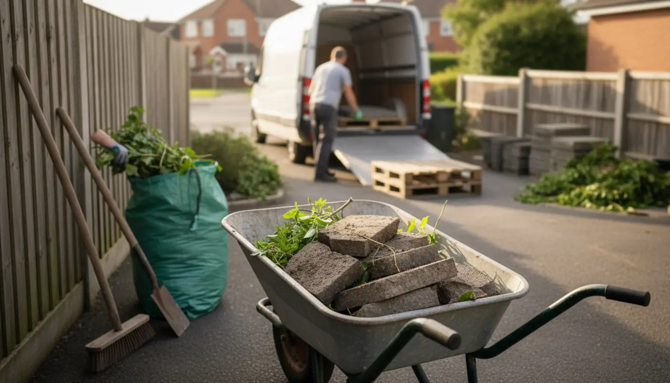 Trillebør fyldt med fliser og haveaffald foran en åben varevogn klar til bortkørsel.