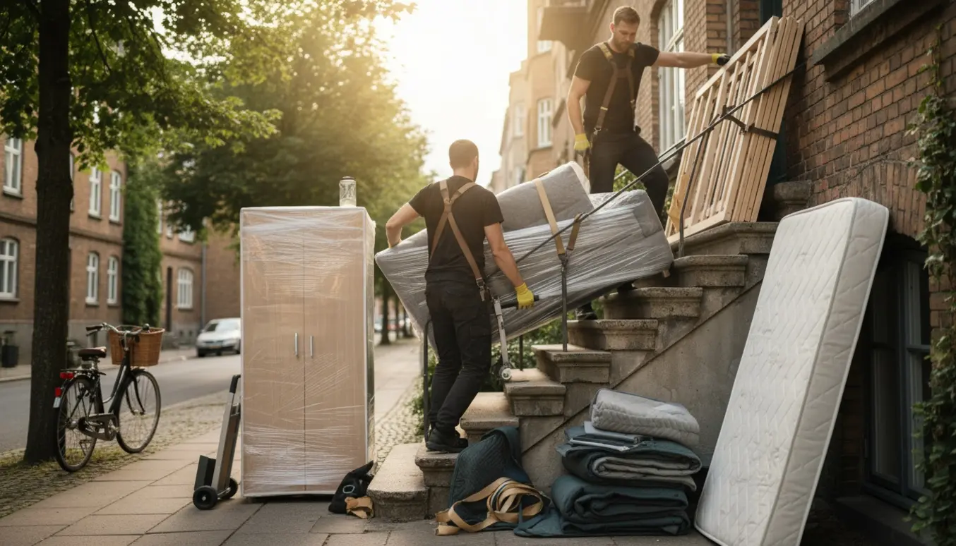Flyttefolk bruger stropper og flytteudstyr til at bære sofa og seng op ad en udendørs trappe til 2. sal i Nørrebro.