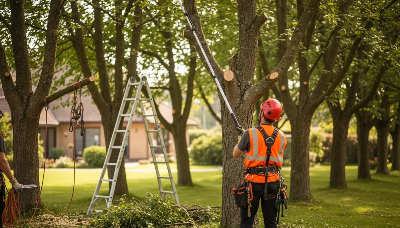 Arborist beskærer omkring ti høje træer i en villahave med stige, klatreseler og afskårne grene i forgrunden.