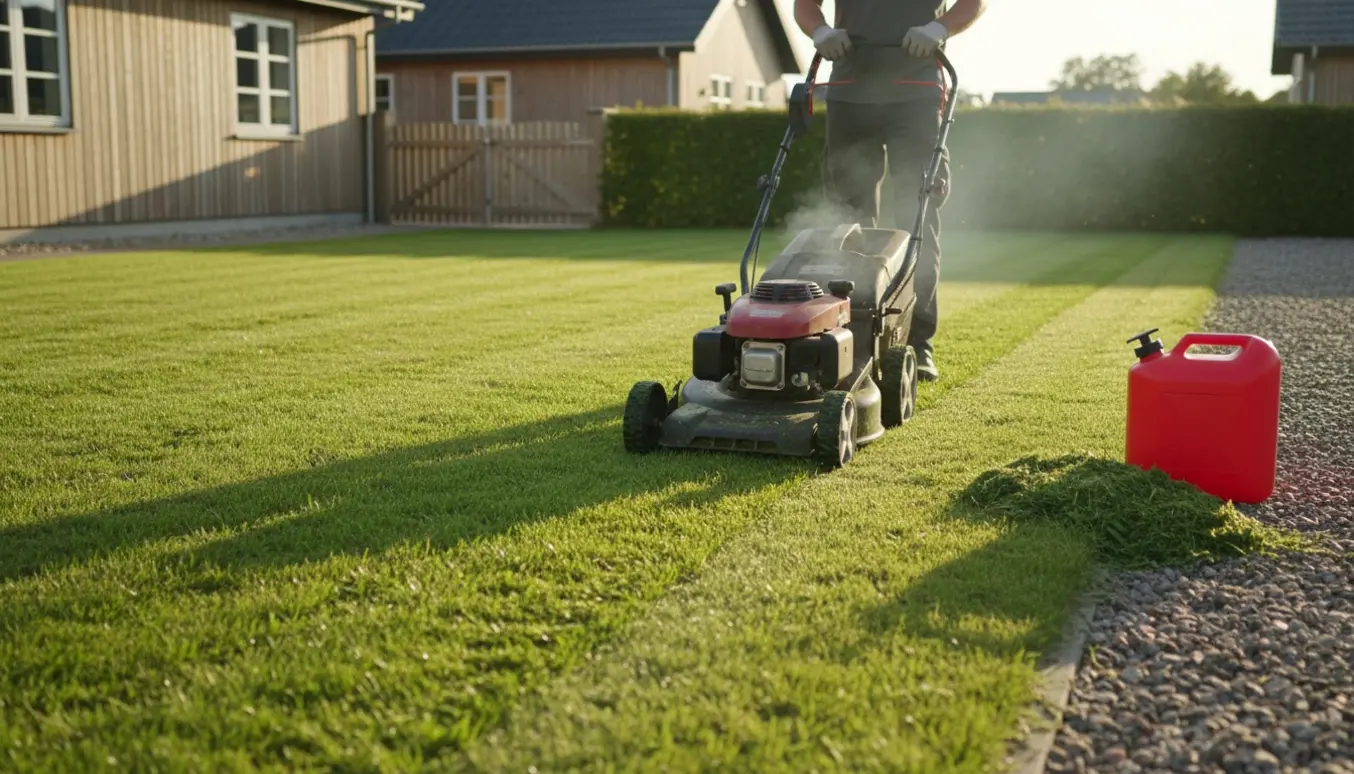 Benzindrevet plæneklipper i gang på en jævn baghave ved indkørsel, med brændstofdunk og afklip synlige.
