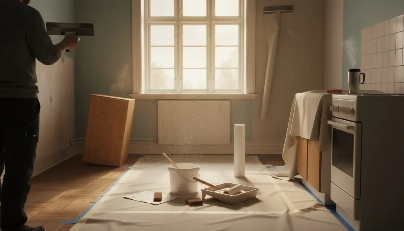 Maler fjerner gammelt glasvæv og forbereder opsætning af glasfilt i et lille køkken fra 1930'erne.