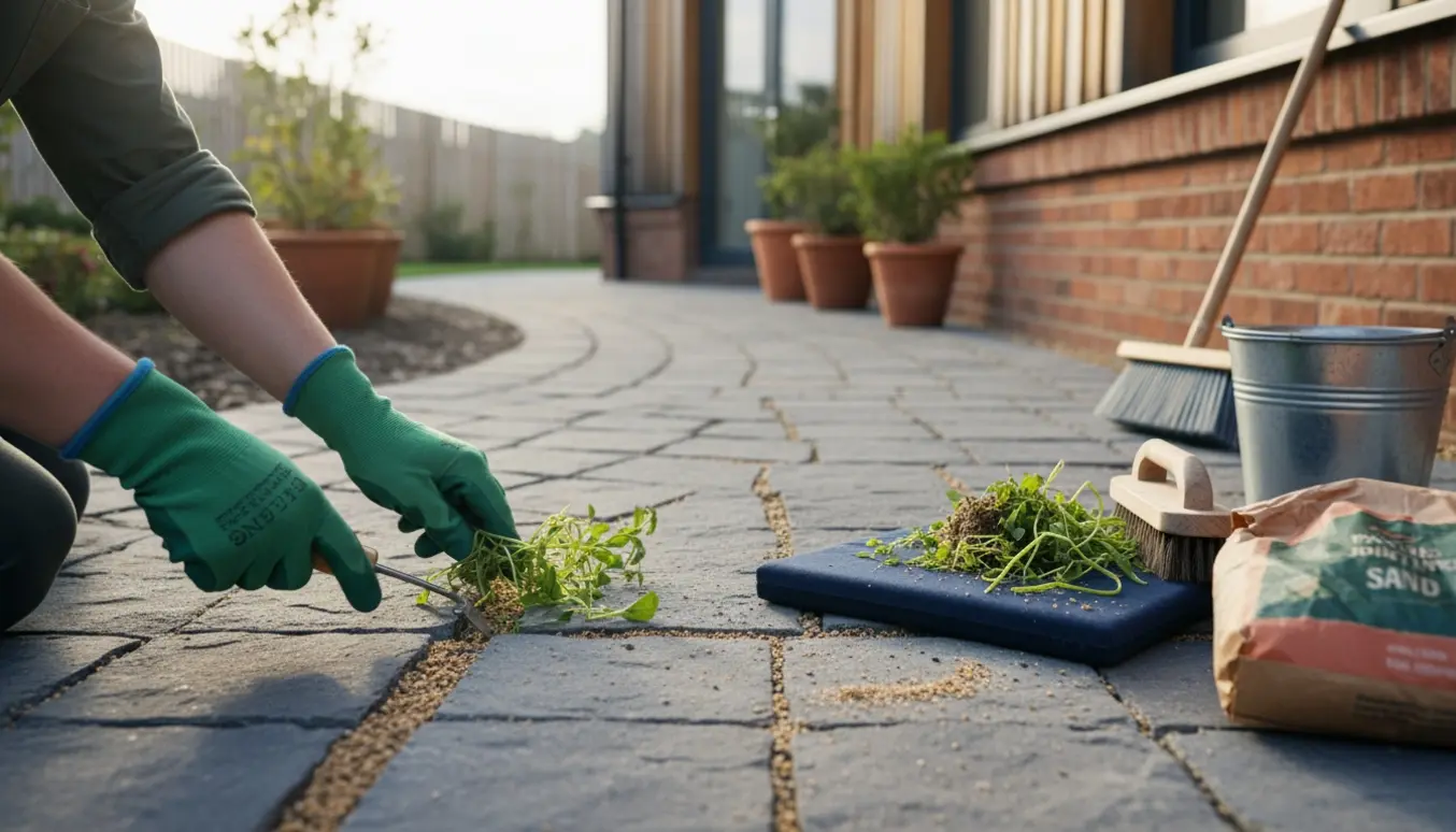 Hænder i handsker fjerner ukrudt fra fuger mellem fliser rundt om et hus.