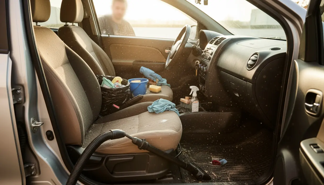 Hænder rengør indersiden af en lille, meget beskidt bil med støvsuger, børste og klud, sædet viser en tydelig før-og-efter-effekt.