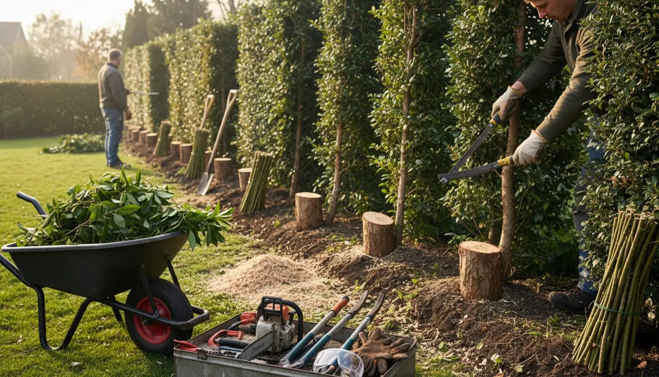 Værktøj, kasserede grene og arbejdshænder foran en delvist fjernet hæk på en solrig formiddag.