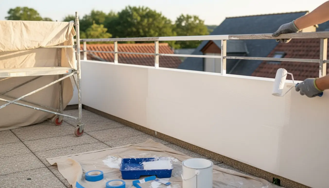 Hænder maler den hvide del af en førstesals terrasse med rulle og pensel.