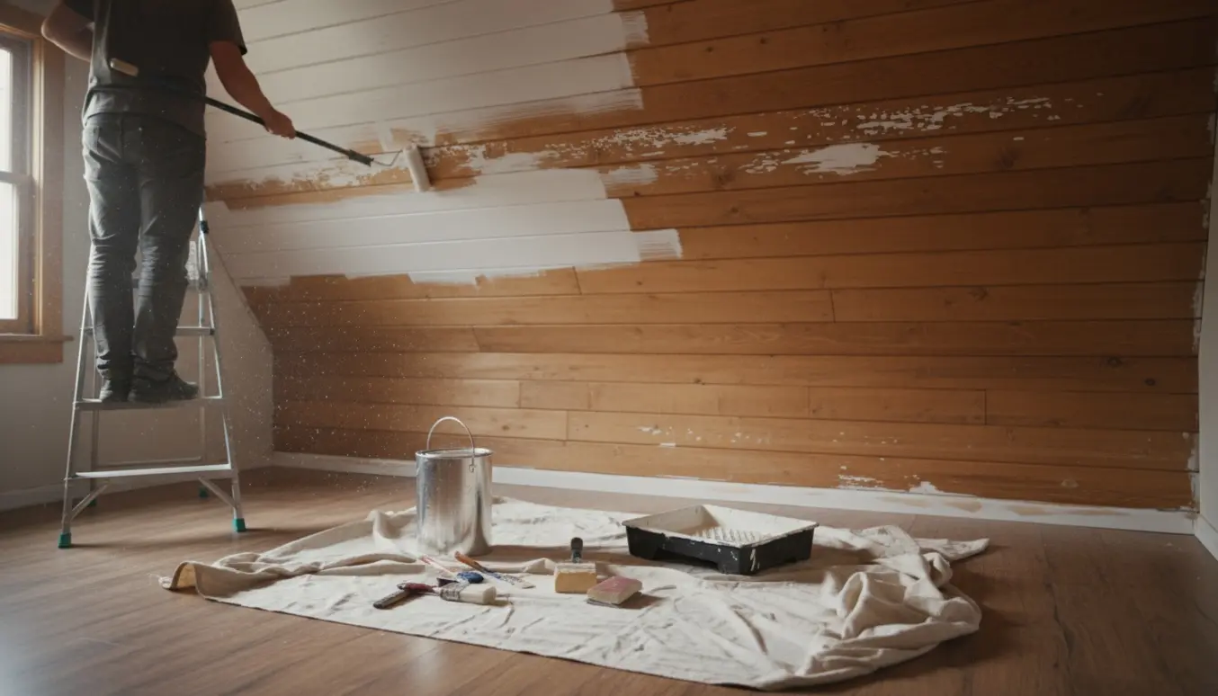 Genmaling af et træloft med afdækningsplast, stige og malerrulle.