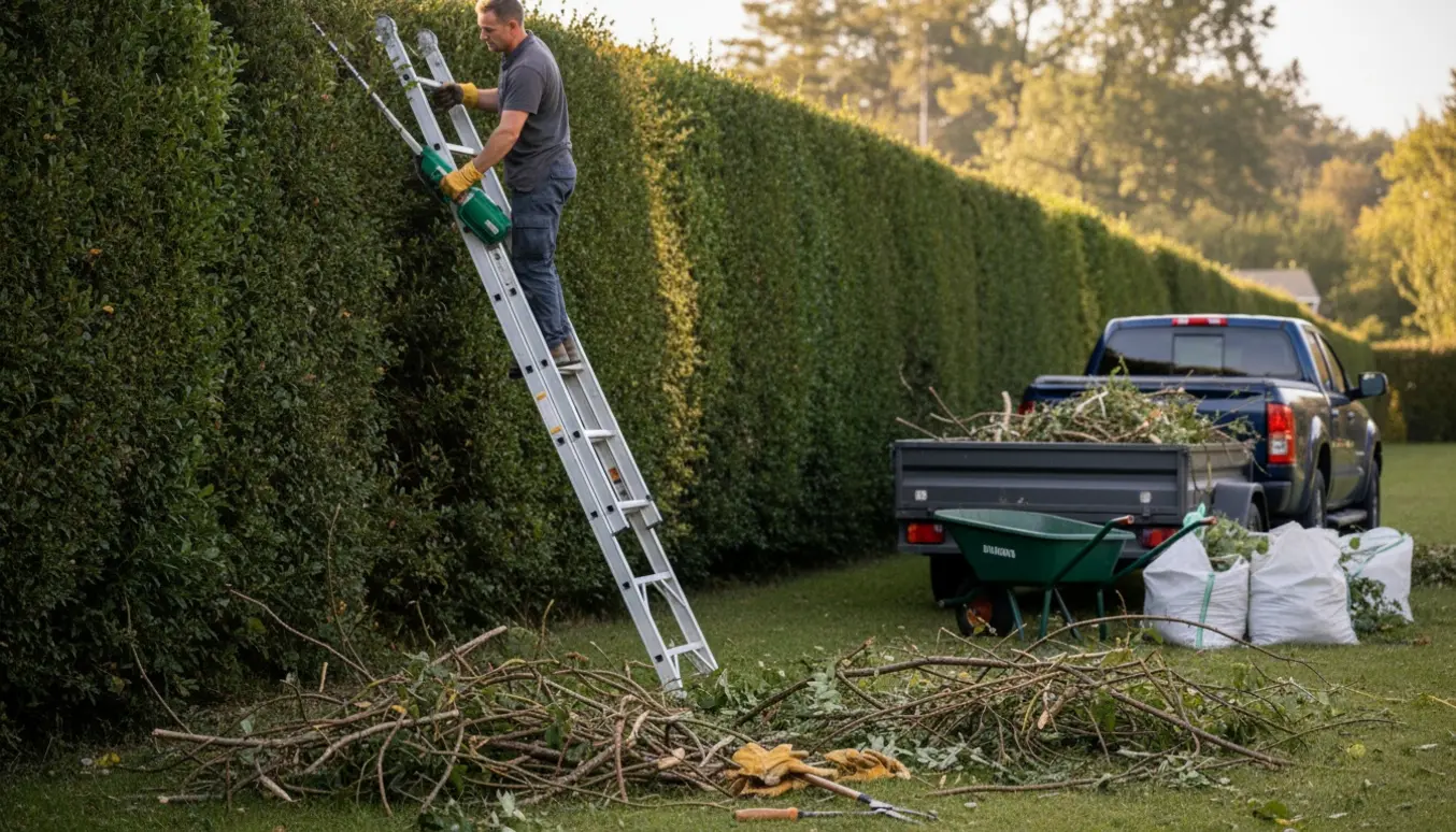 En person på en stige klipper en høj, tæt hæk, mens haveredskaber og en trailer med afklip står klar.