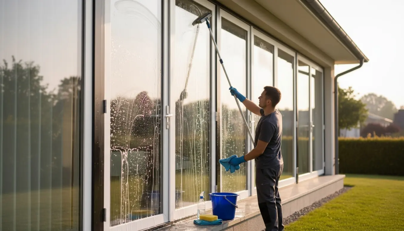 Udvendig vinduespudser renser ruder og karme i jordhøjde med teleskopisk skraber og mikrofiberklud.