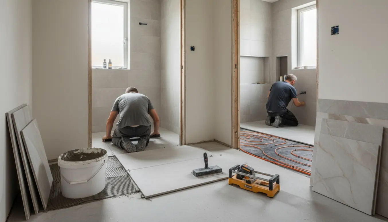 Håndværker lægger store nye fliser i et badeværelse med synlig gulvvarme og bruseniche i baggrunden.