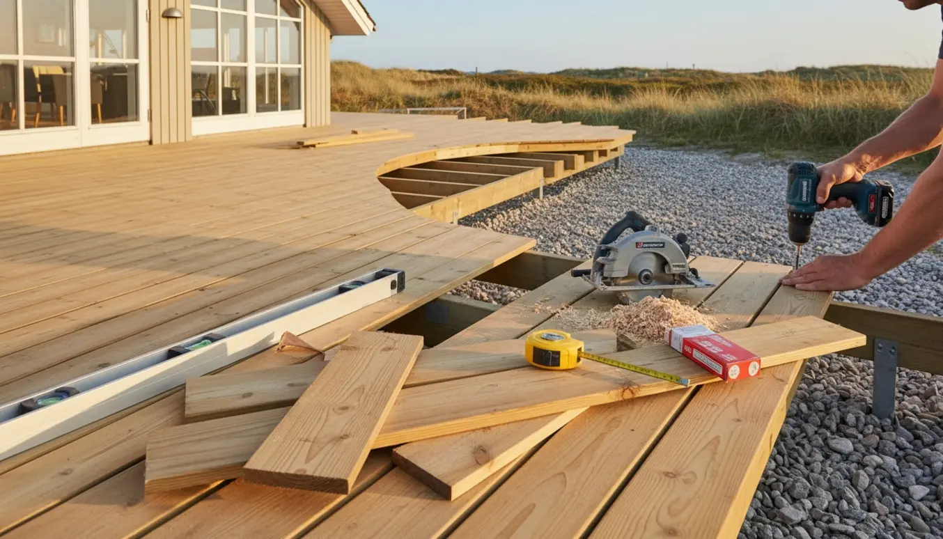 Trykimprægneret træterrasse under opbygning omkring ny sommerhusgrund med værktøj og planker i forgrunden.