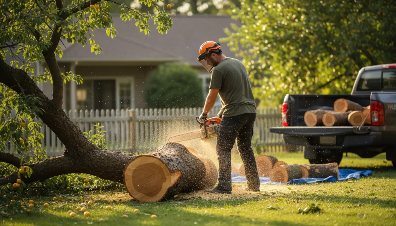 Et mirabelletræ er savet op i stykker i en forhave, med stabelt brænde, savsmuld og en arbejdsmands ryg vendt mod træet.