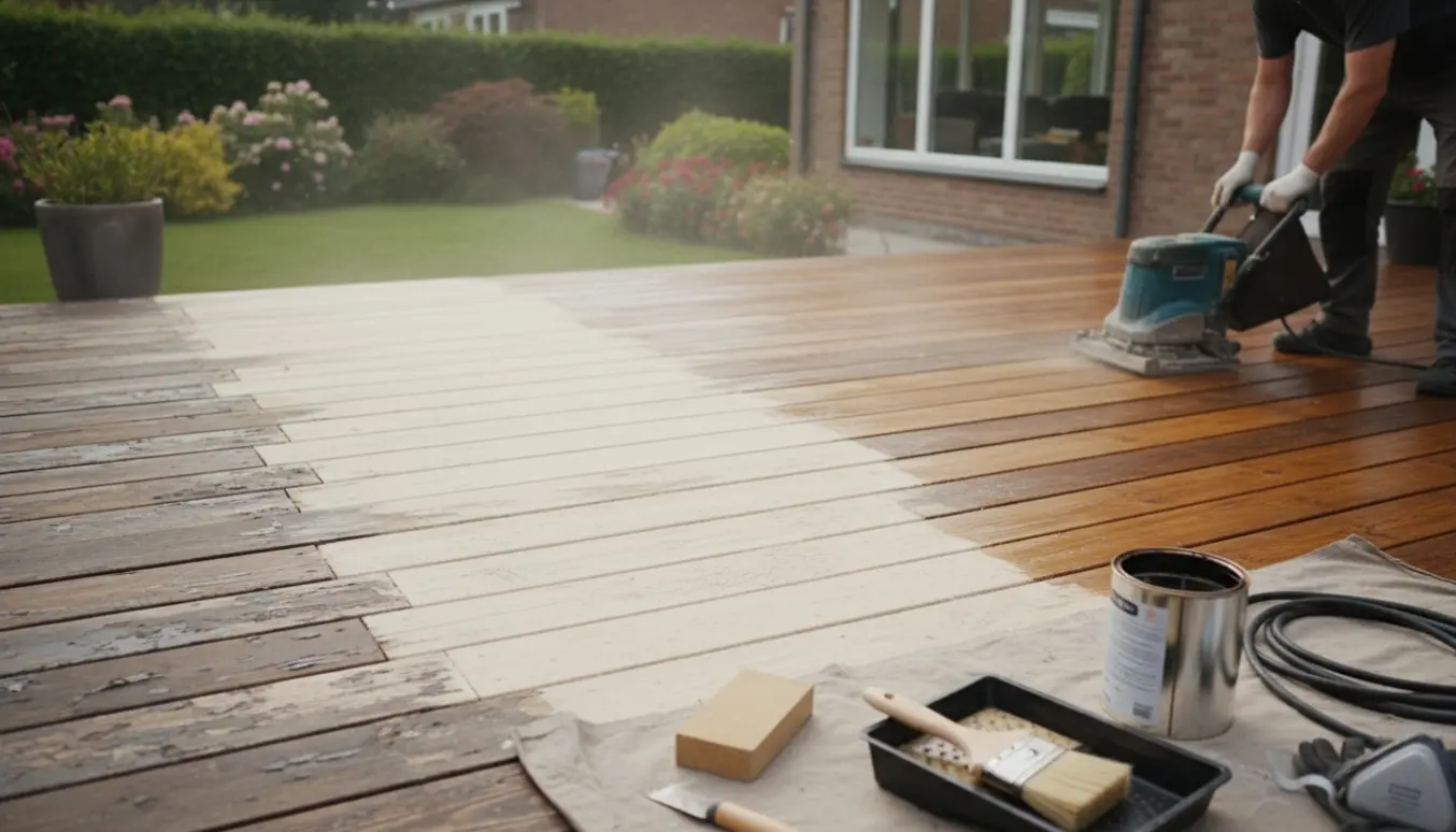 Renovering af træterrasse med slidt maling, nyslibet træ og nyligt påført olie samt værktøj.