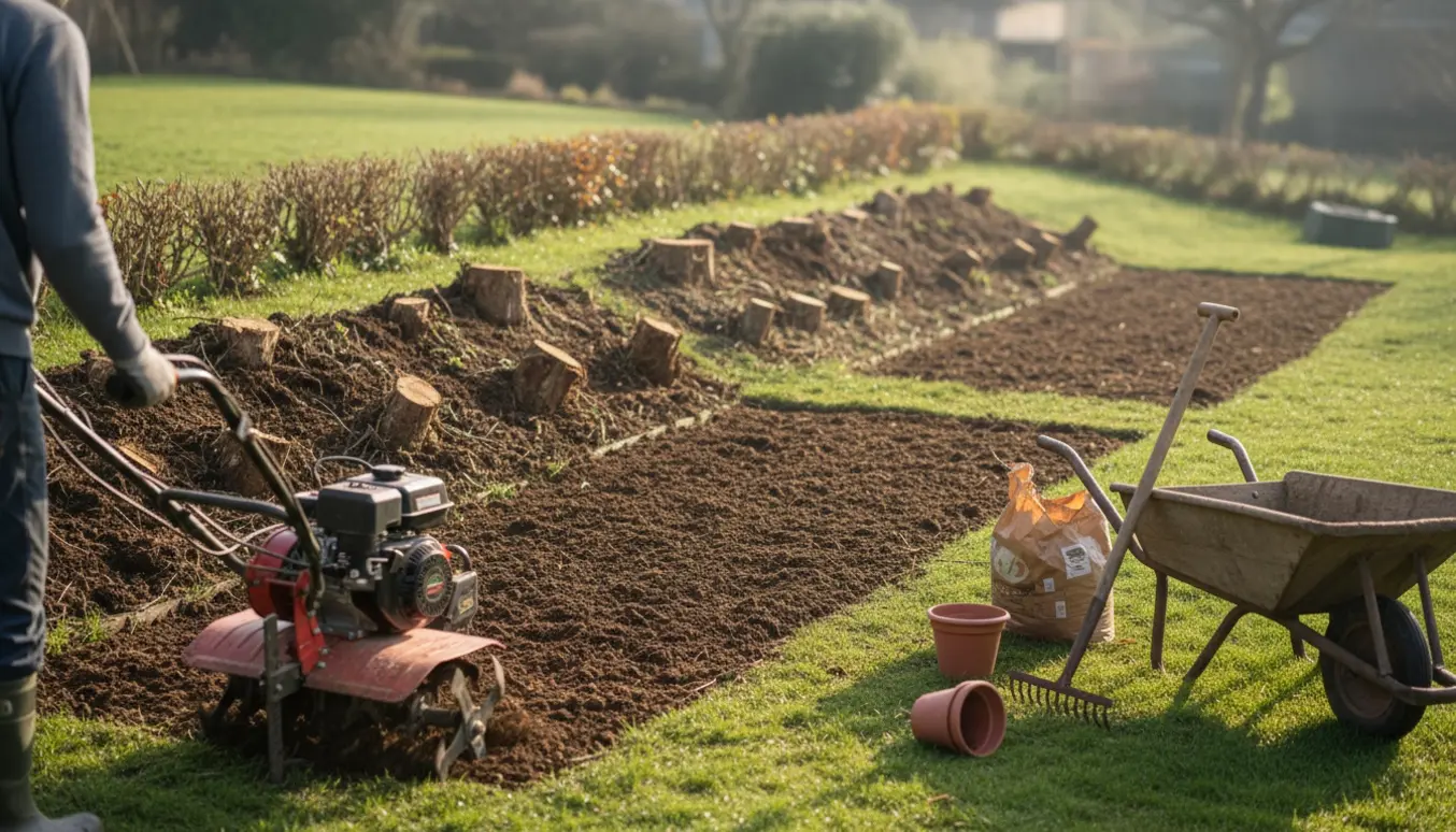 Nyfræset skråning efter fjernet hæk, klar til anlæg af nyt bed.