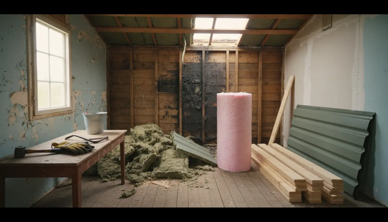 Indvendigt sommerhus under rydning og genopbygning med fjernet vandskadet isolering, værktøj og nyt byggemateriale.