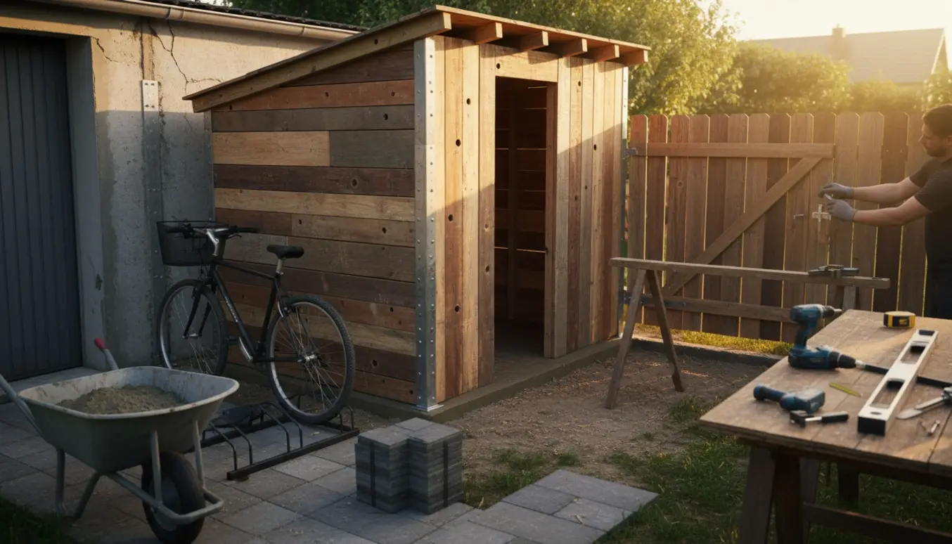 Lille cykelskur af genbrugsbrædder ved garage med støbt fundament, ny træport og byggematerialer i baghaven.