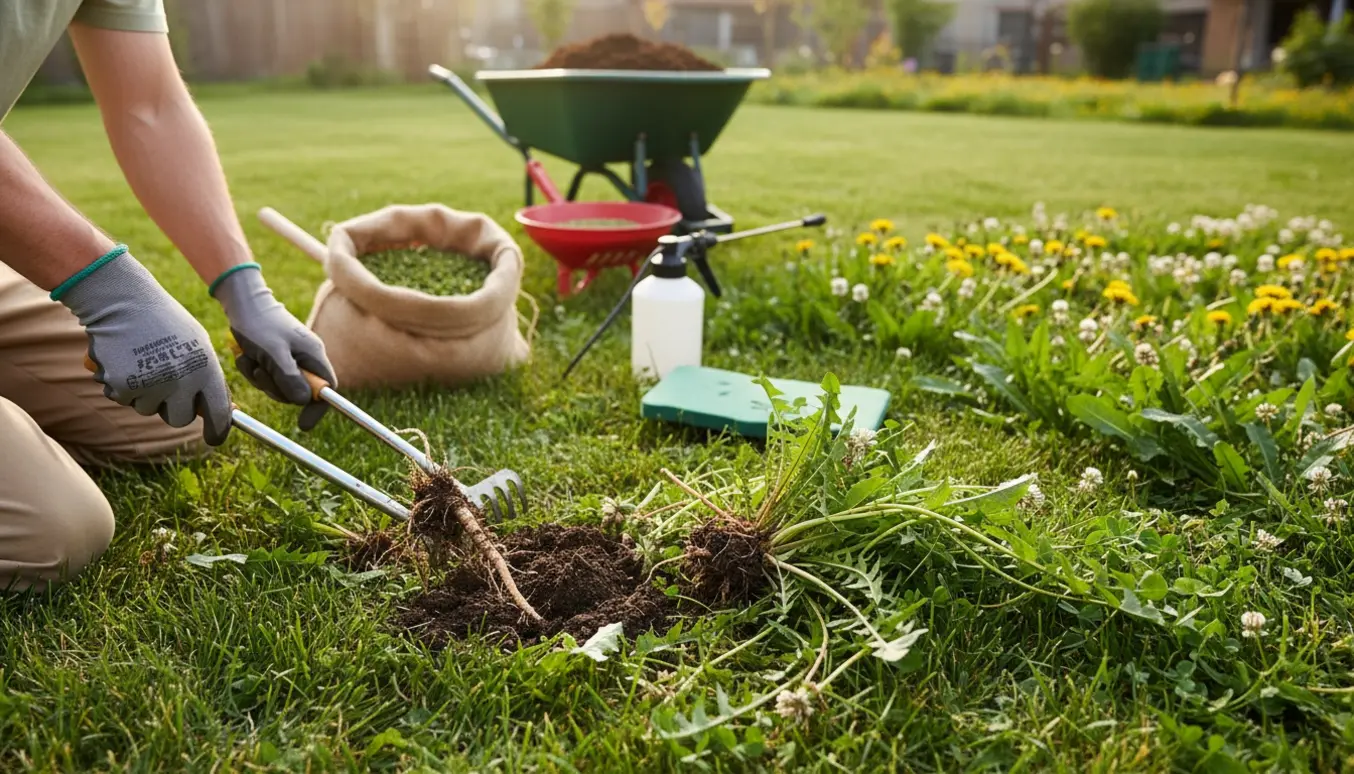Hænder fjerner ukrudt fra en solbelyst græsplæne med rive, frøpose og spreder i baggrunden.