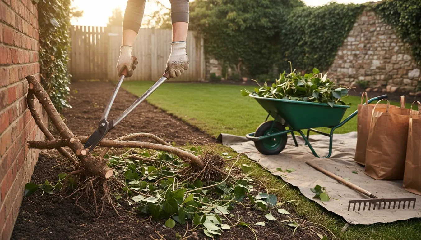 En person i arbejdshandsker klipper efeu ved en mur med en trillebør fyldt med afklip i baggrunden.