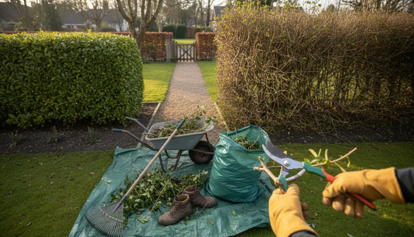 Gartner beskærer to buskebede, afklip samles i trillebør og grønt affaldspose.