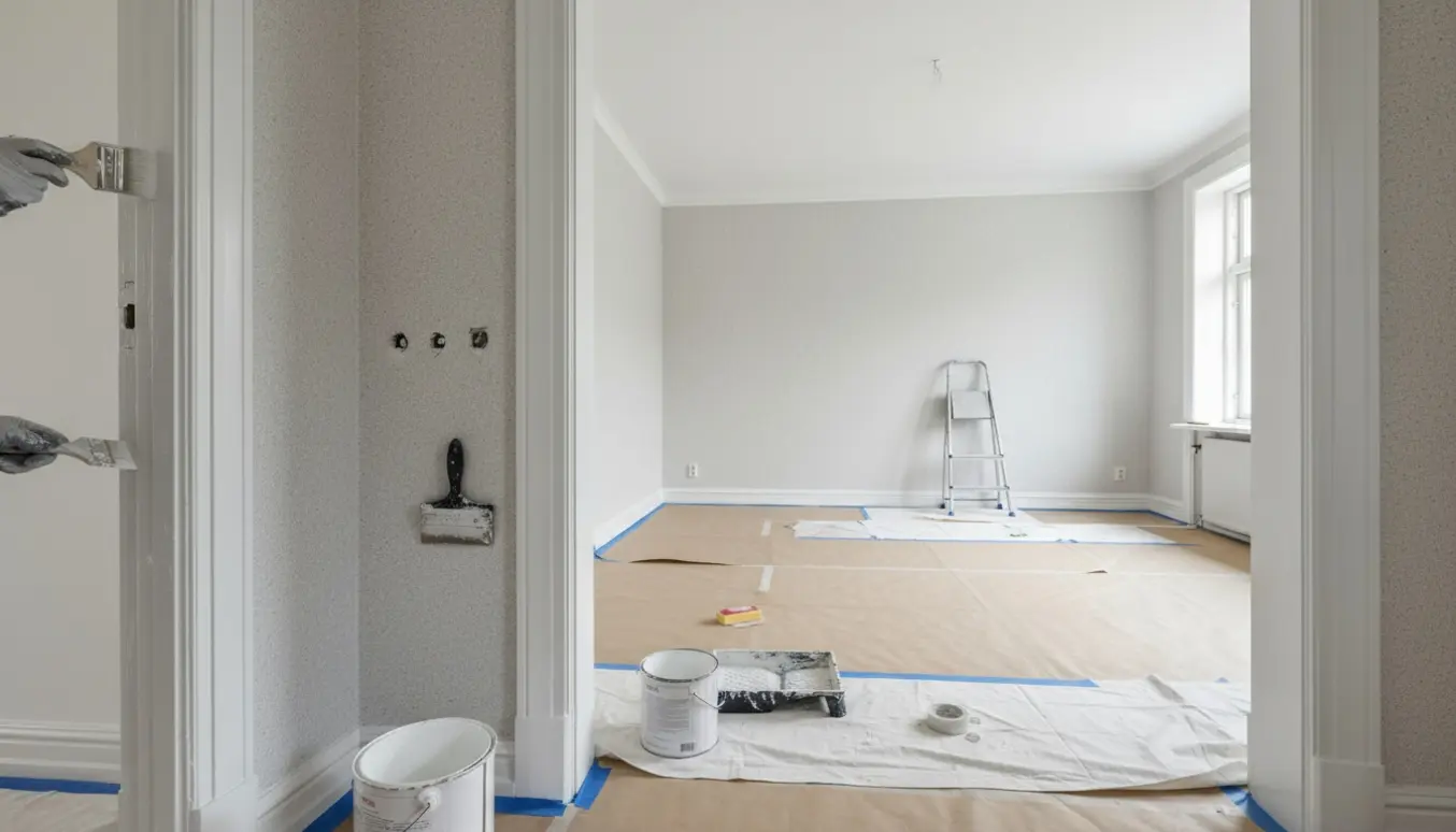 Nærbillede af malerarbejde i tom lejlighed med afdækket gulv, spartling og maling af dørkarme og fodpaneler.