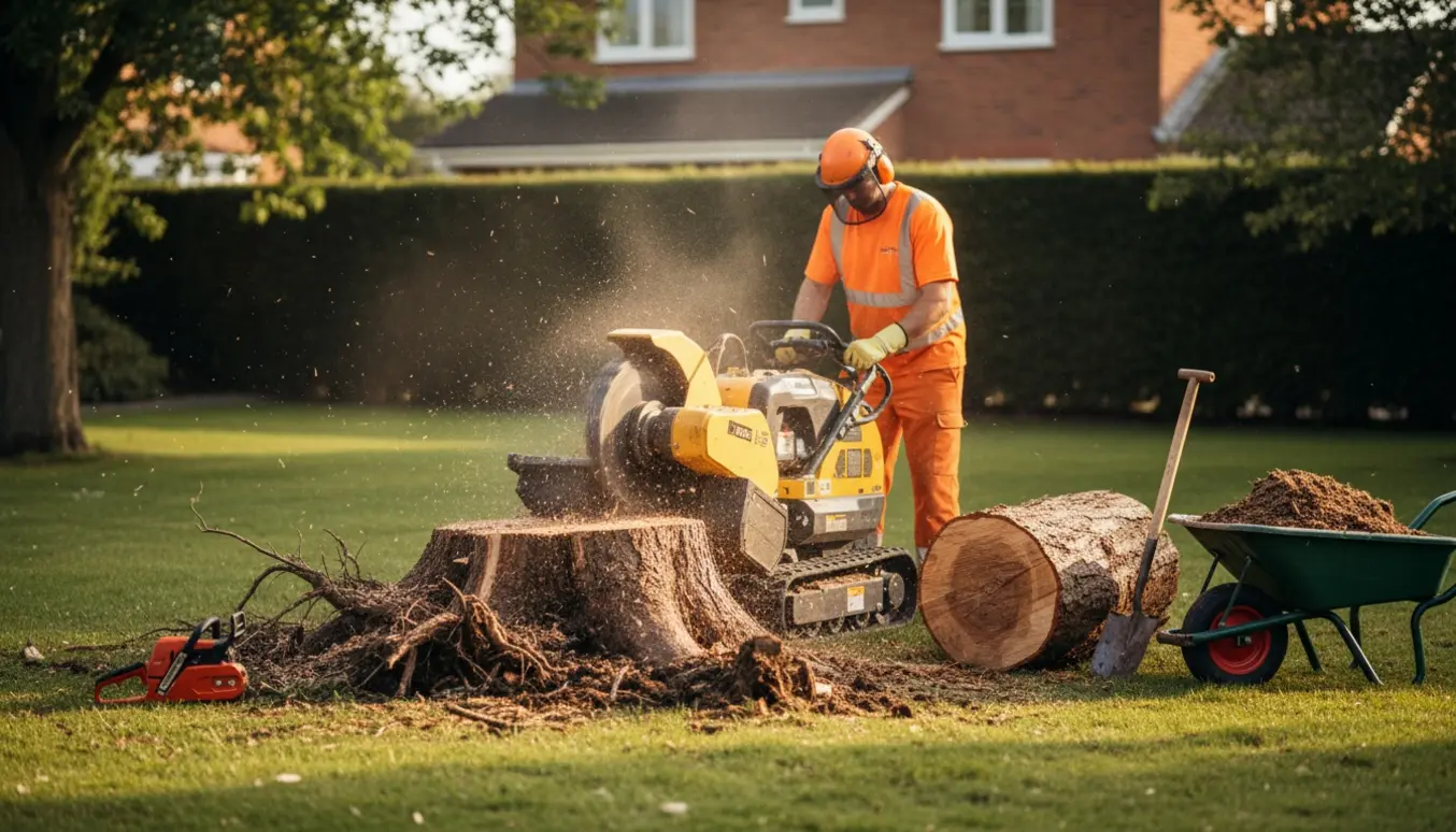 Stubbefræsning i en have med en stubbefræser, afskåret stamme og friske træspåner.