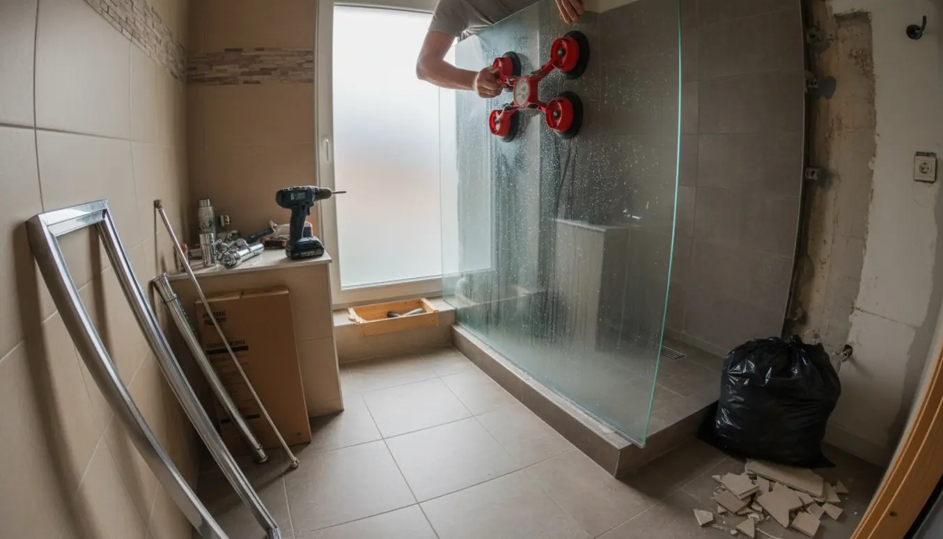 Installatør monterer nyt bruseglas med sugekop i et badeværelse under udskiftning af gammel brusekabine.