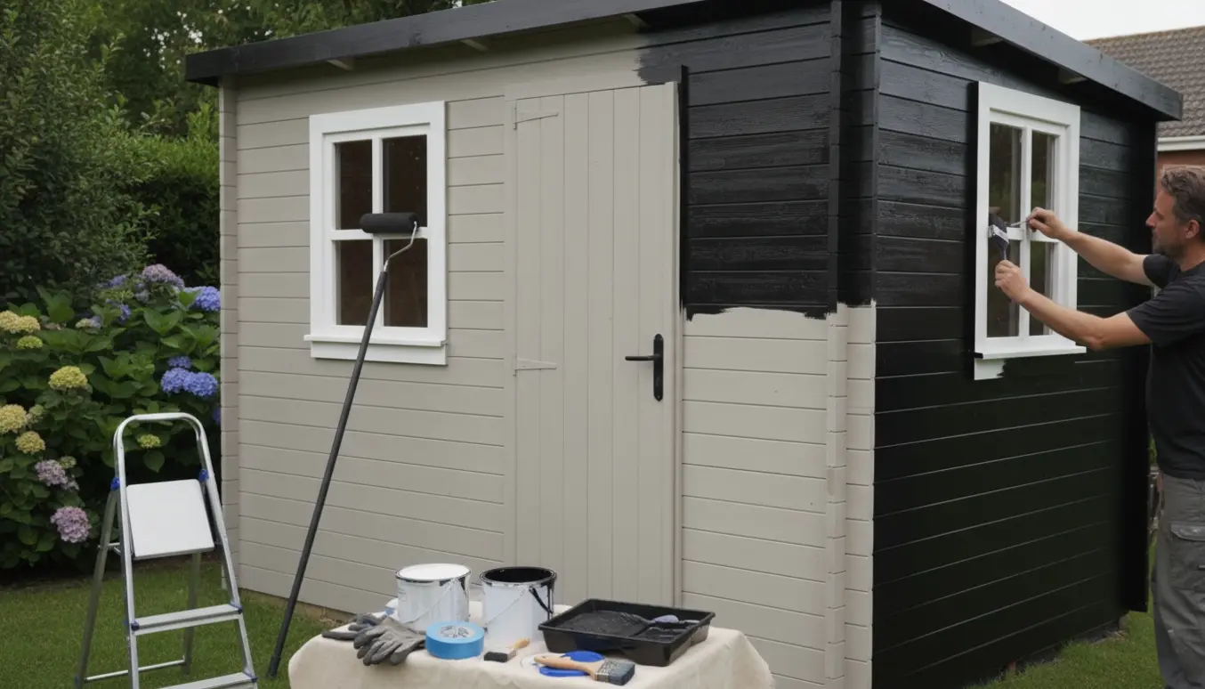 Nybygget skur udvendigt delvist grundet og nymalet sort med hvide døre og vinduesrammer, malerudstyr i forgrunden.
