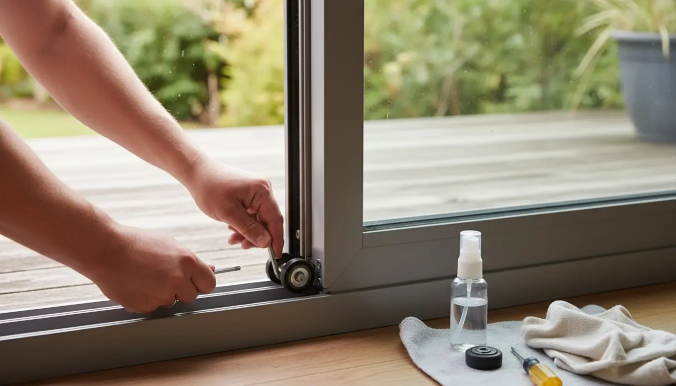 Nærbillede af hænder, der justerer rullen på en moderne skydedør med en unbrakonøgle.