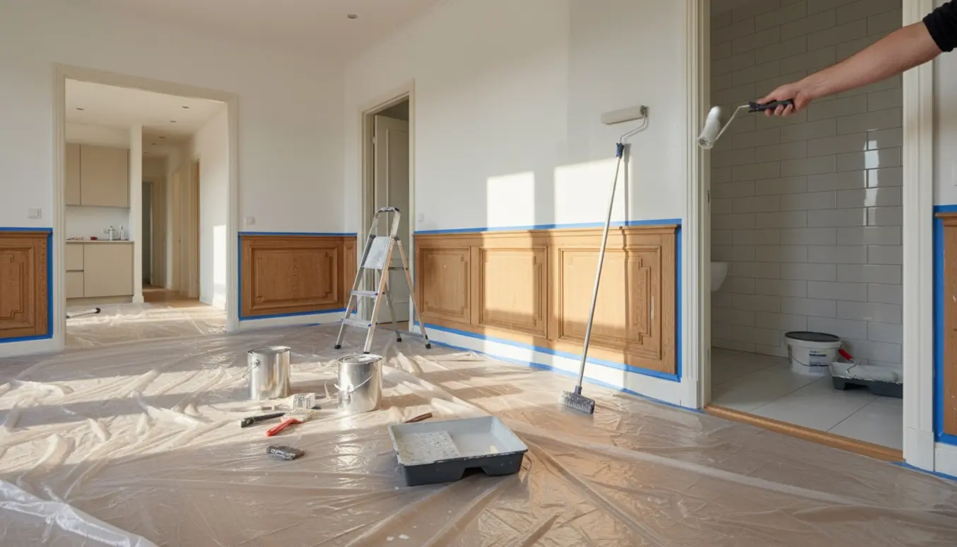Tom lejlighed under maling med plast på gulvet, maleredskaber og nymalede vægge.