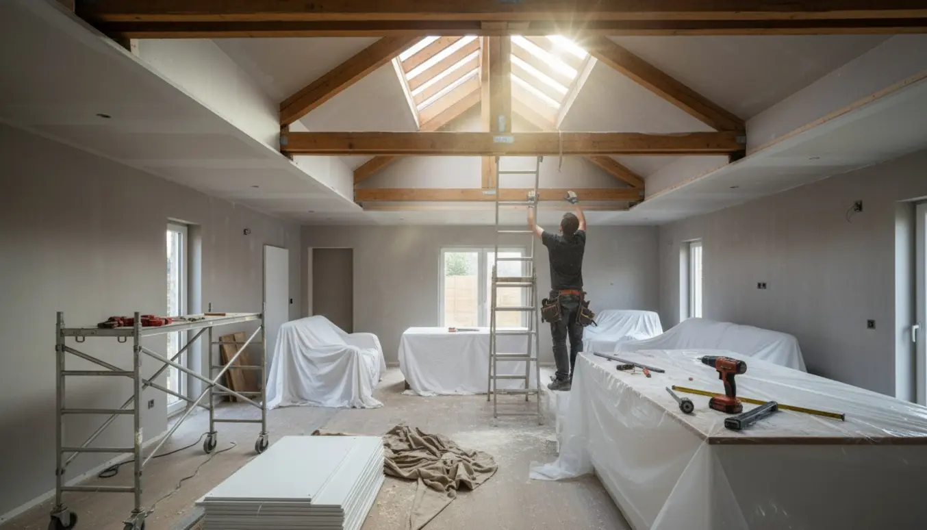 Stue/køkken under renovering med fjernet loftsplader og synlige spær op til kip.