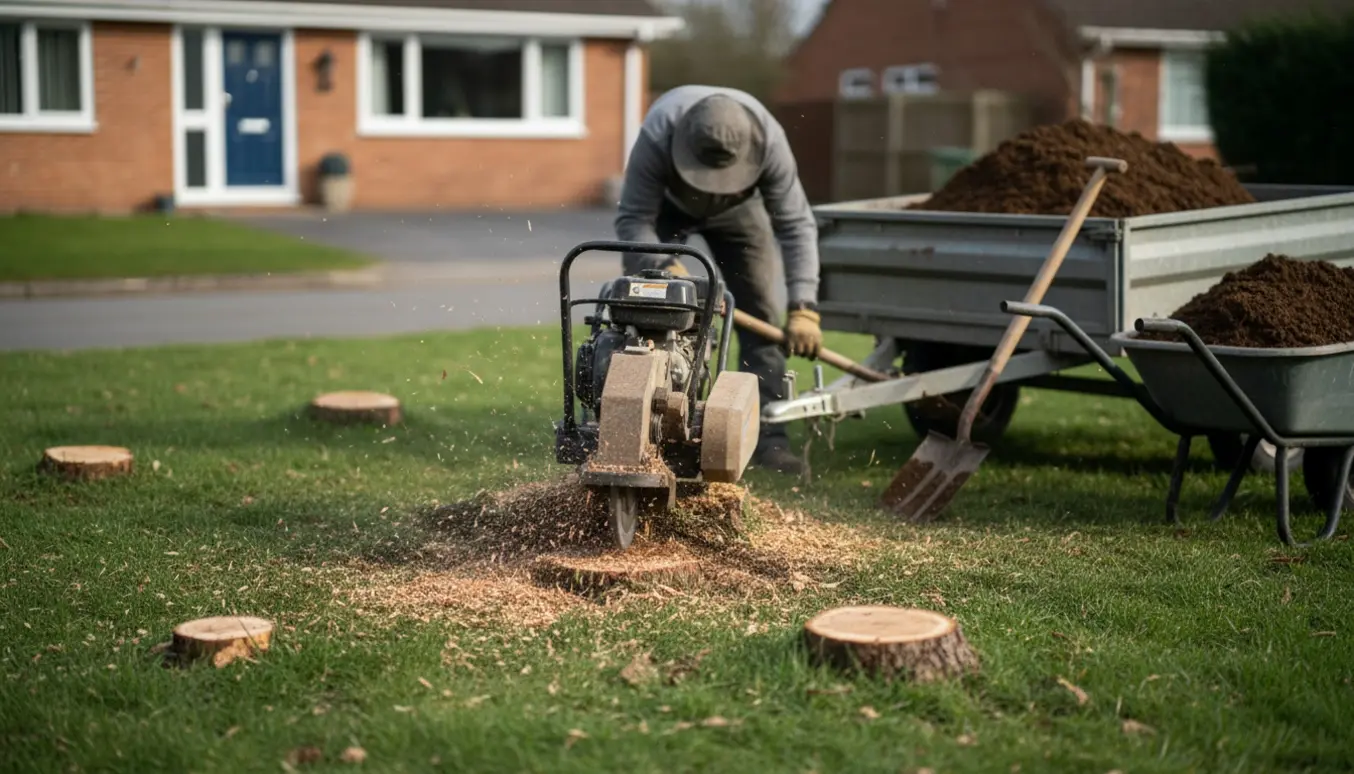 Rodfræsning af flere små stubbe i en have med jord og trailer klar til bortkørsel.