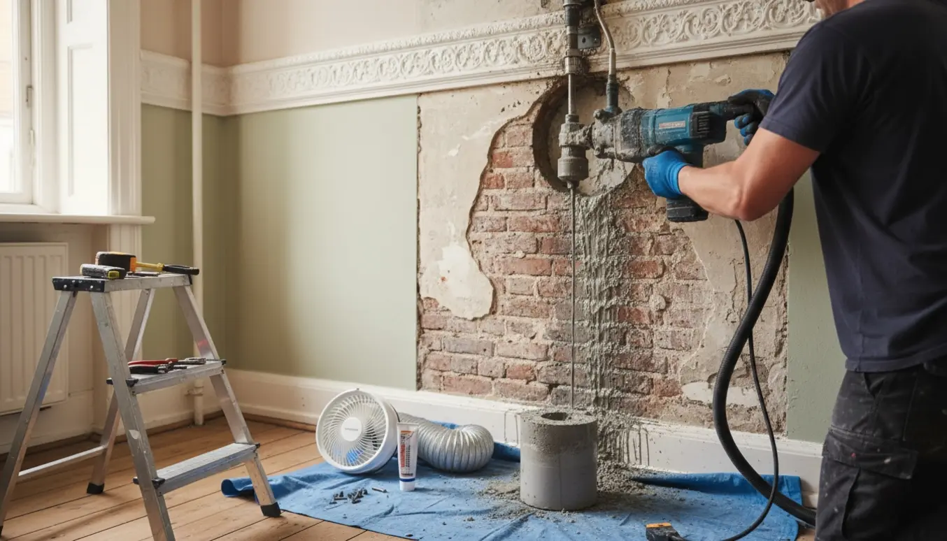 Diamantbor laver et rundt hul øverst i en gammel murstensvæg til badeværelsesventilation, med ventilator og værktøj klar.