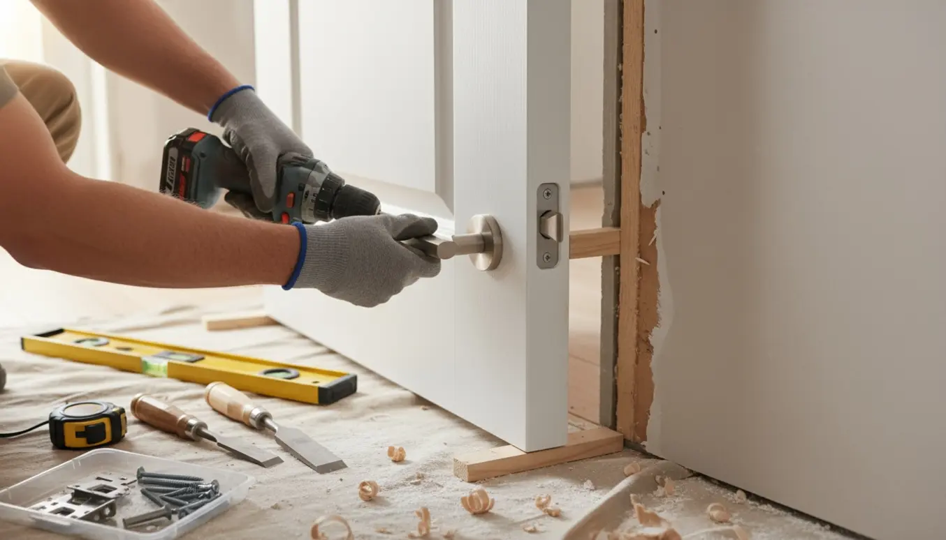Delvist monteret dør i en vægåbning med handsker, værktøj og et håndtag klar til montering.