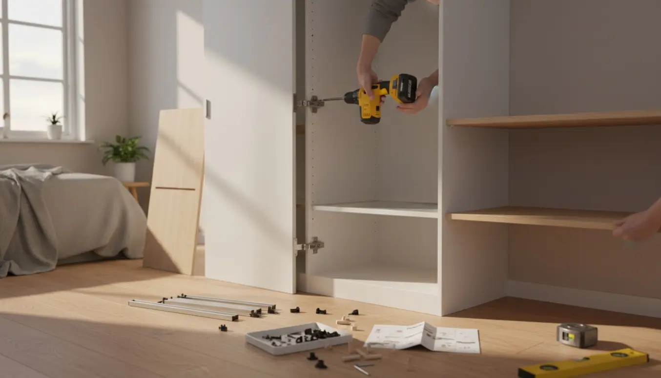 Delvist samlet hvidt modulgarderobeskab i et lyst soveværelse med værktøj og hænder, der spænder skruer.