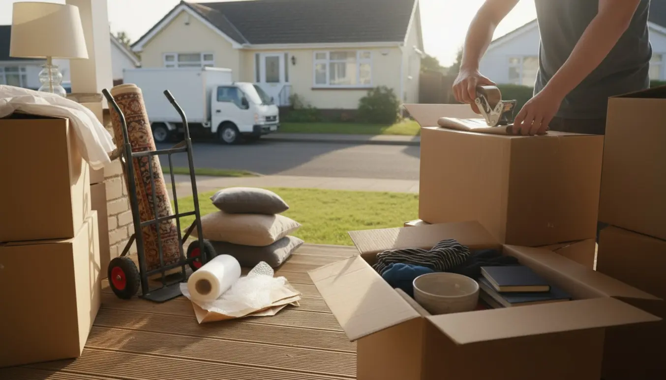 Åbne flyttekasser og hænder, der pakker foran et ét-plans parcelhus.