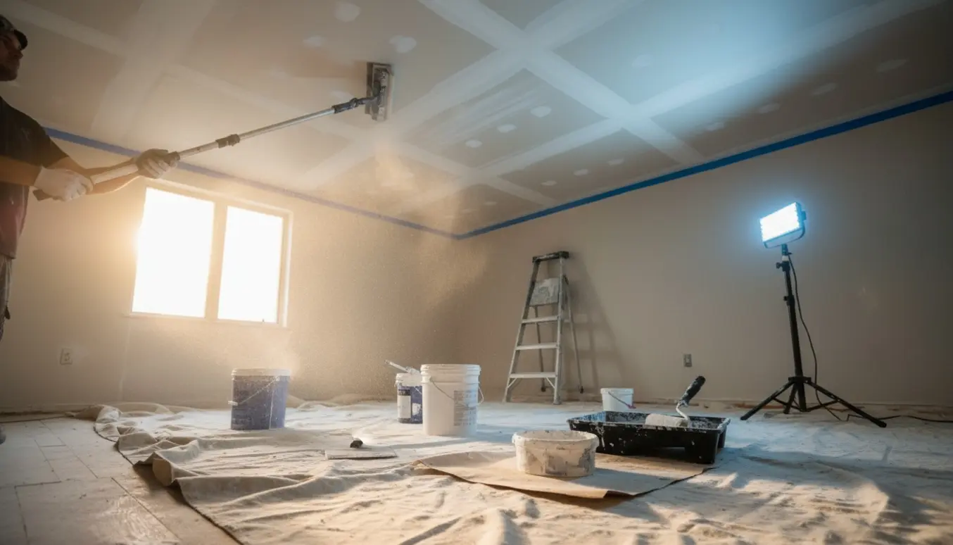 Slibning af loft med slibestang og malerudstyr i et lyst rum.