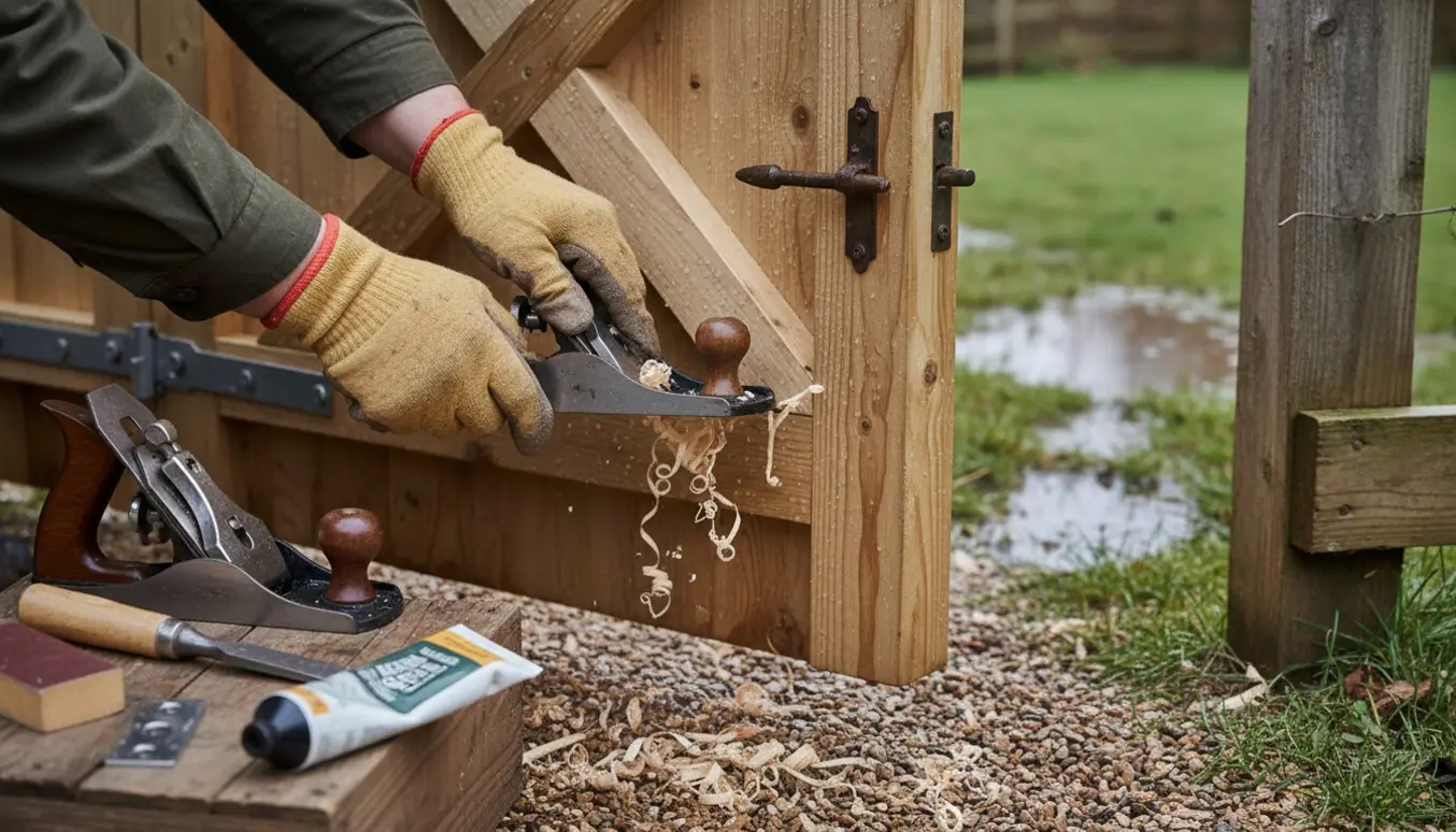 Nærbillede af en våd træport, der files og repareres med håndværktøj og træspåner.