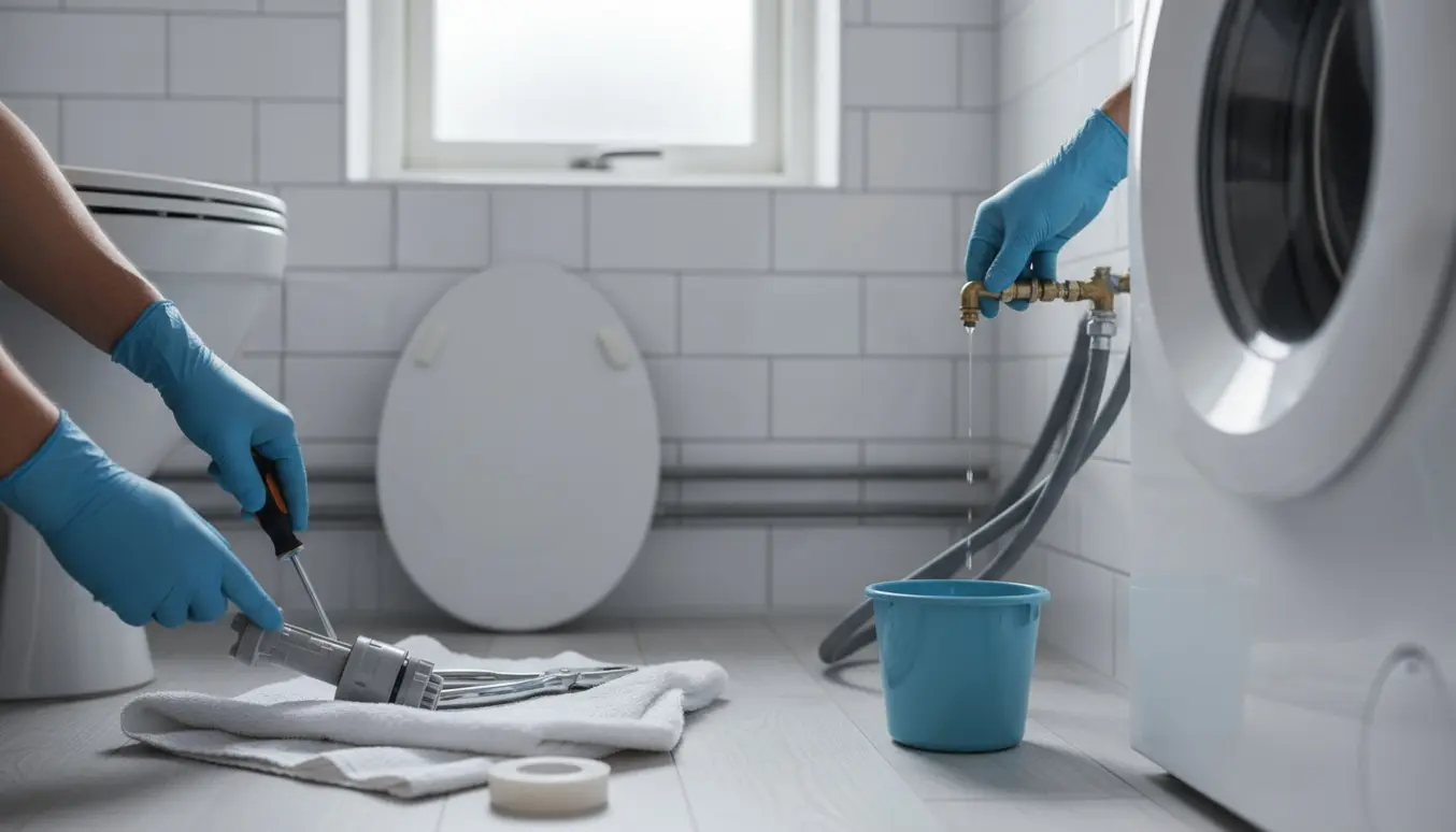 VVS-tekniker reparerer toiletcisterne og tjekker vaskemaskinens vandtilslutning i et lyst badeværelse.