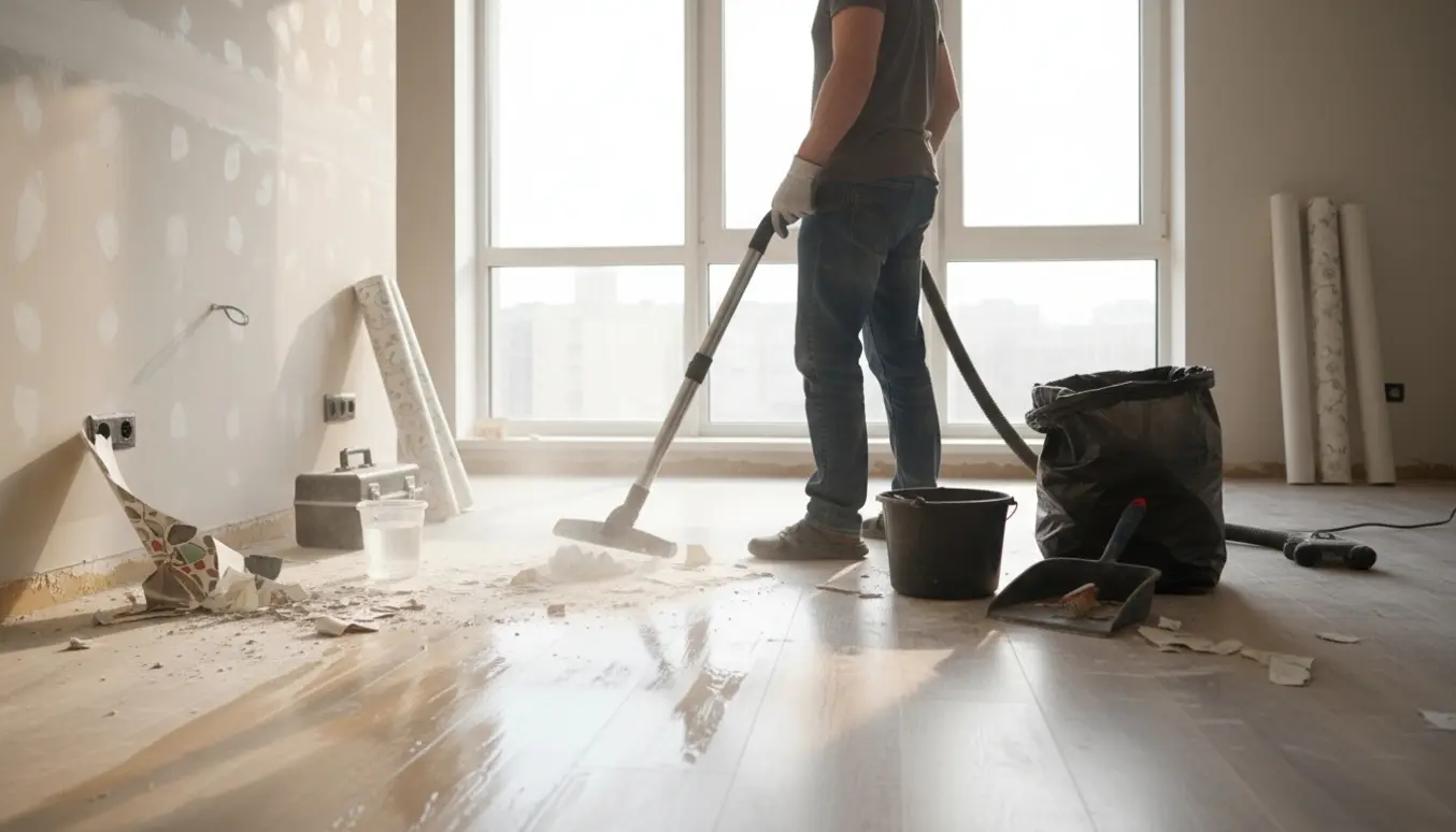 En person støvsuger og samler byggematerialer op i en lys lejlighed efter renovering.