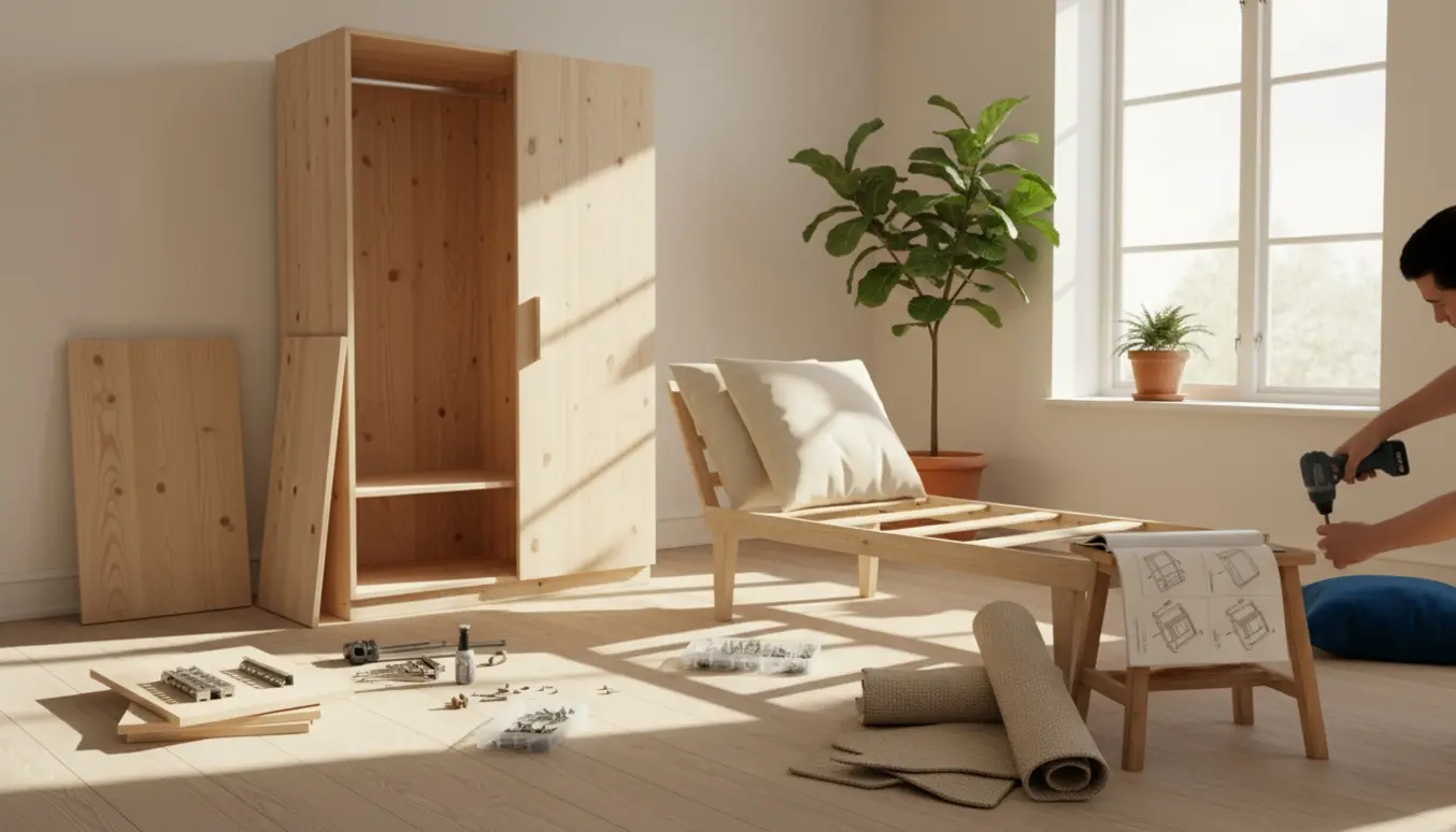 Delvist samlet JENSLEV garderobeskab og EGENSE chaiselong på trægulv med værktøj og hænder i arbejde.