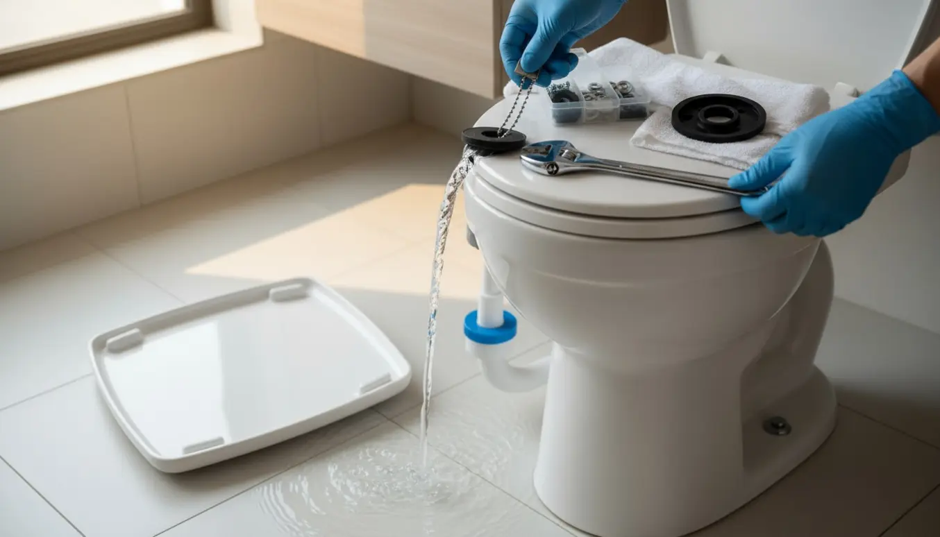 Åbent toilettank med vand, der løber, mens handskerede hænder justerer klappen med værktøj ved siden af.