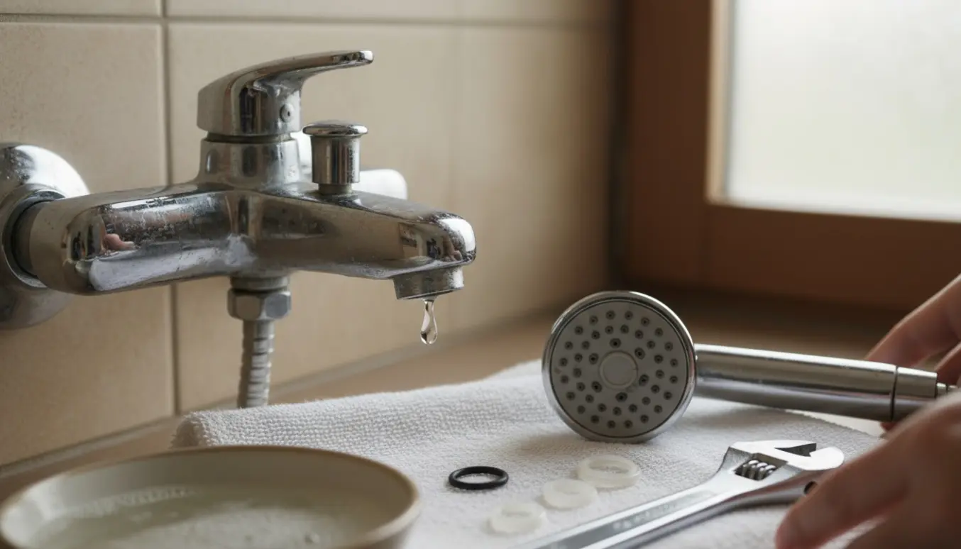 Nærbillede af et gammelt krombrusearmatur med dryppende håndbruser, kalkaflejringer og udskiftningspakning ved siden af.